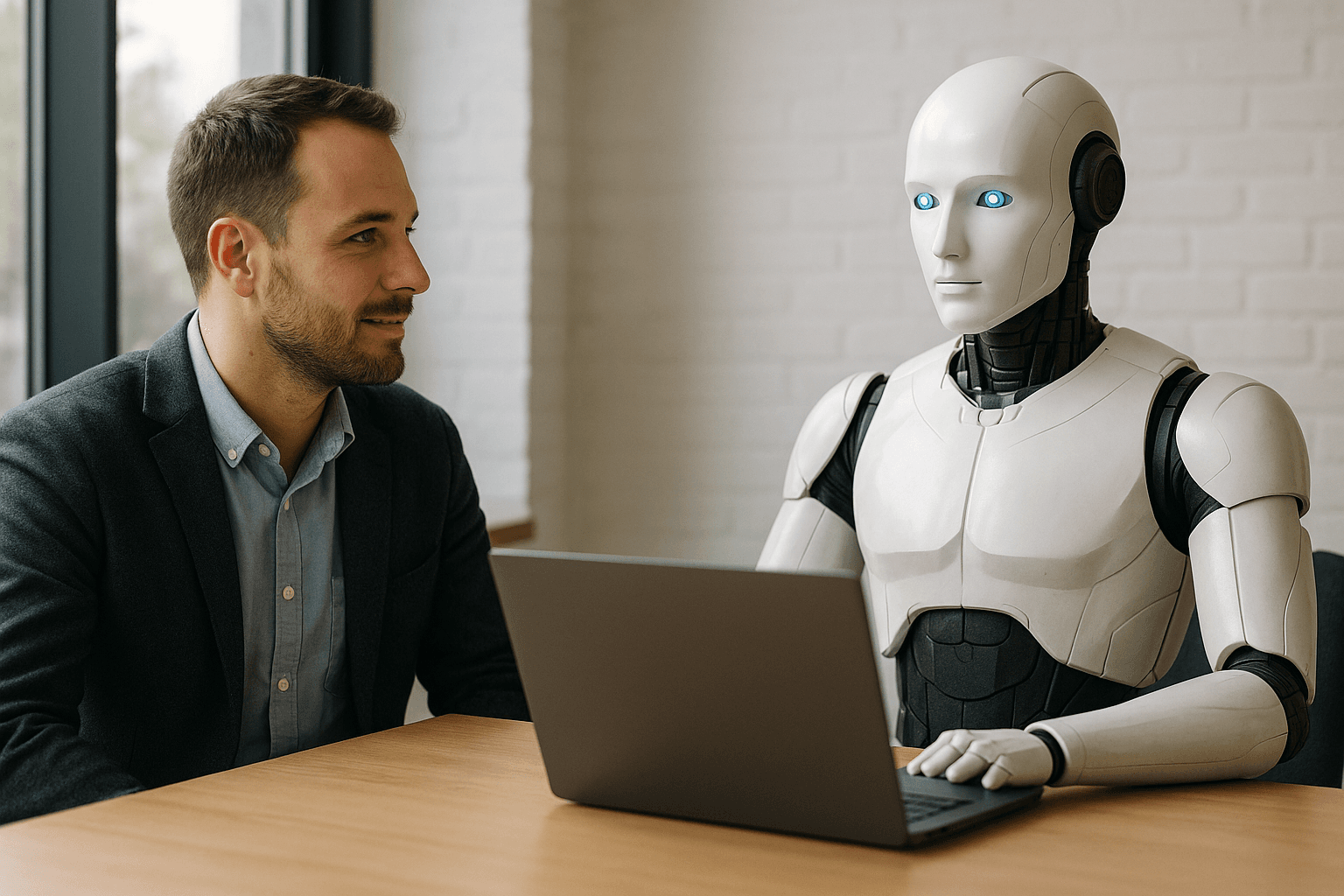 A human business owner having a meeting with his AI colleague and co worker